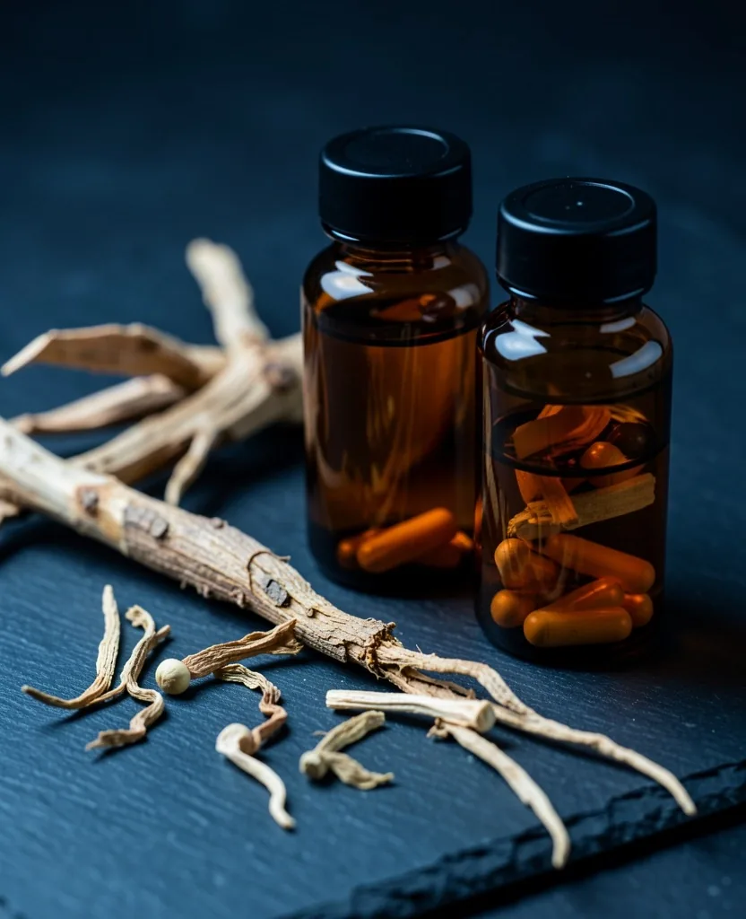 Natural supplement bottles and botanical ingredients on a dark surface