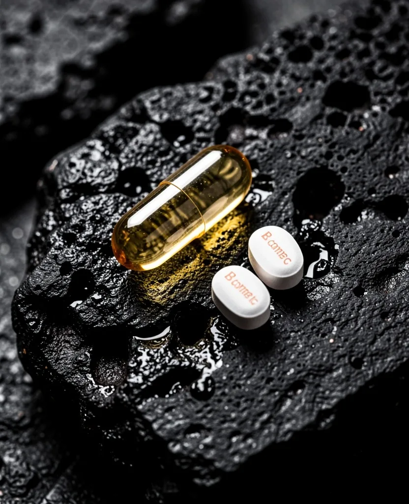 Assorted vitamin capsules arranged on dark surface