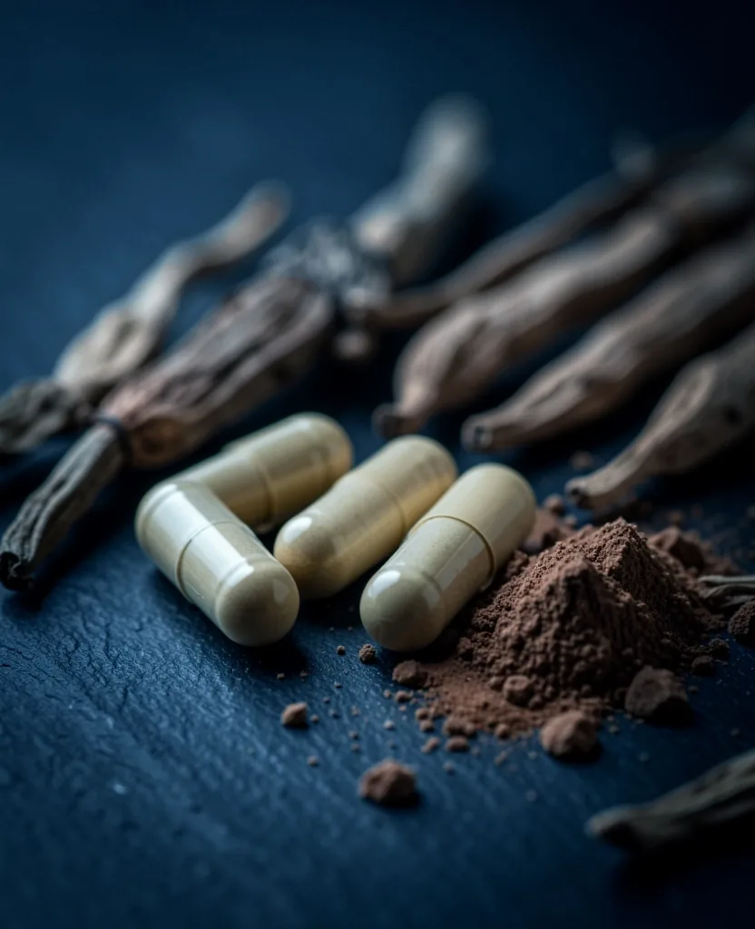 Natural supplement capsules and botanical roots on dark surface