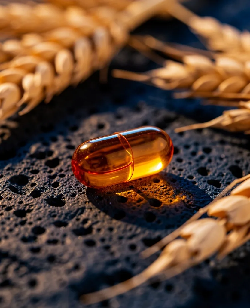 Vitamin B capsule on dark stone surface