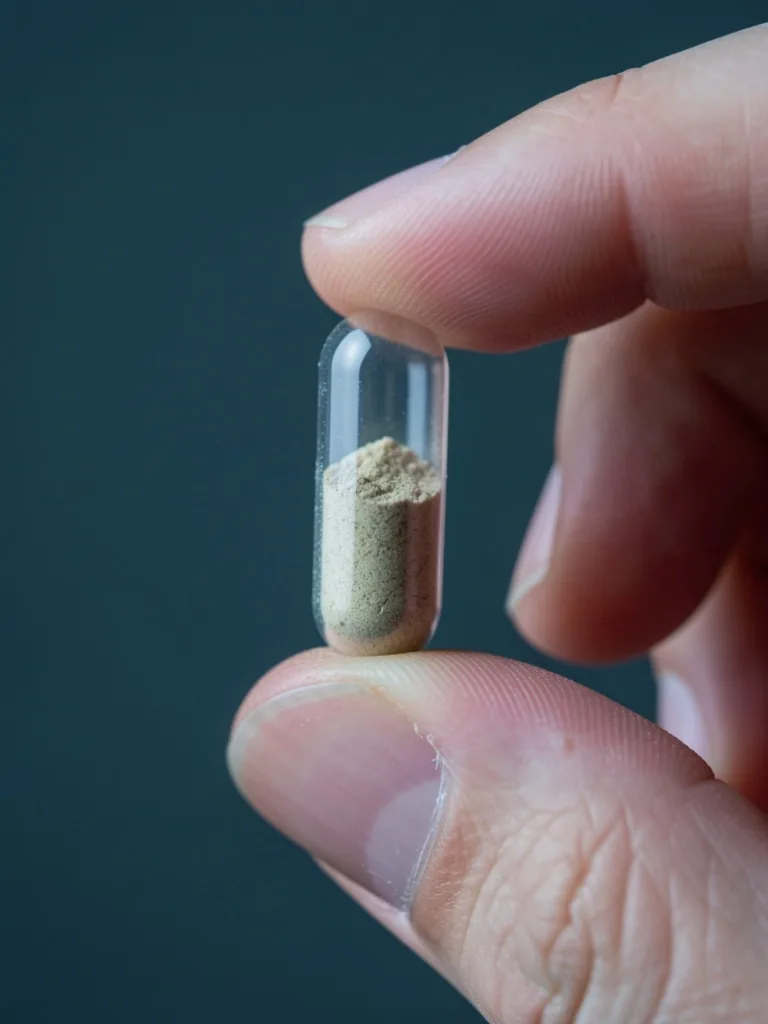 A vegetable capsule held up showing its contents