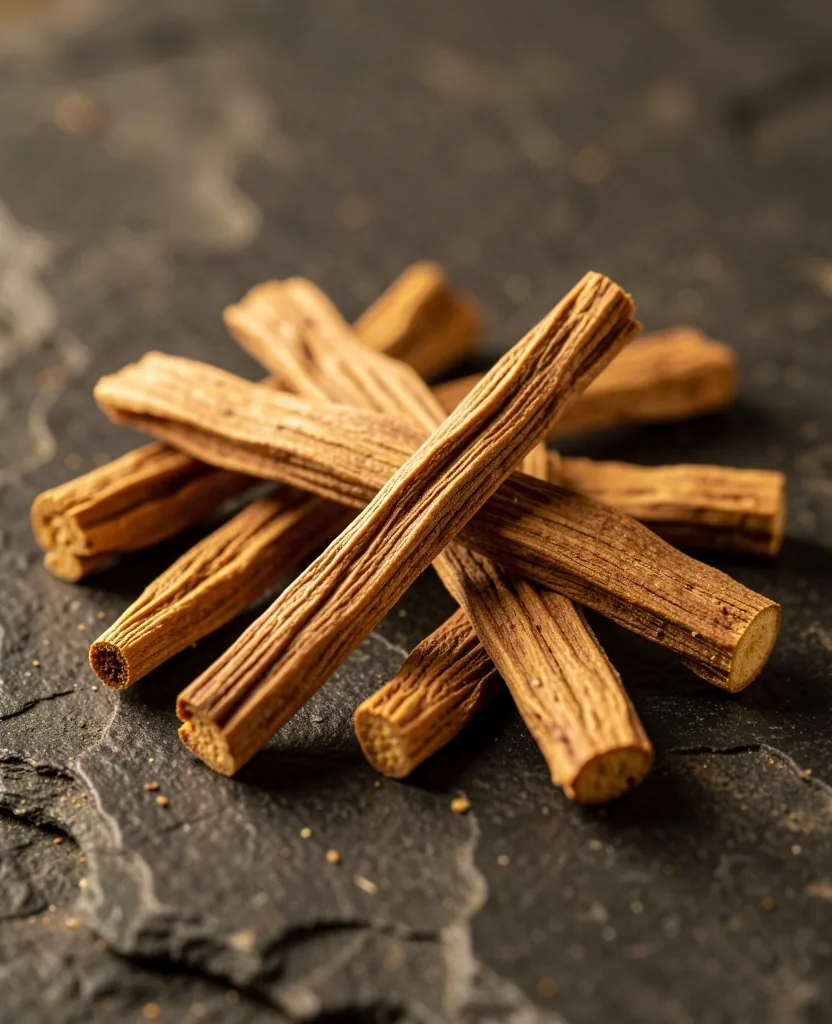 Dried Tongkat Ali root on a stone surface