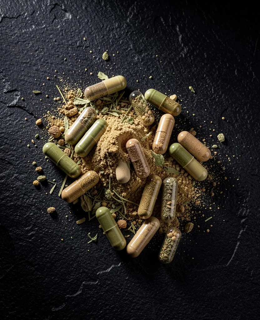 Natural supplement capsules arranged on a dark surface